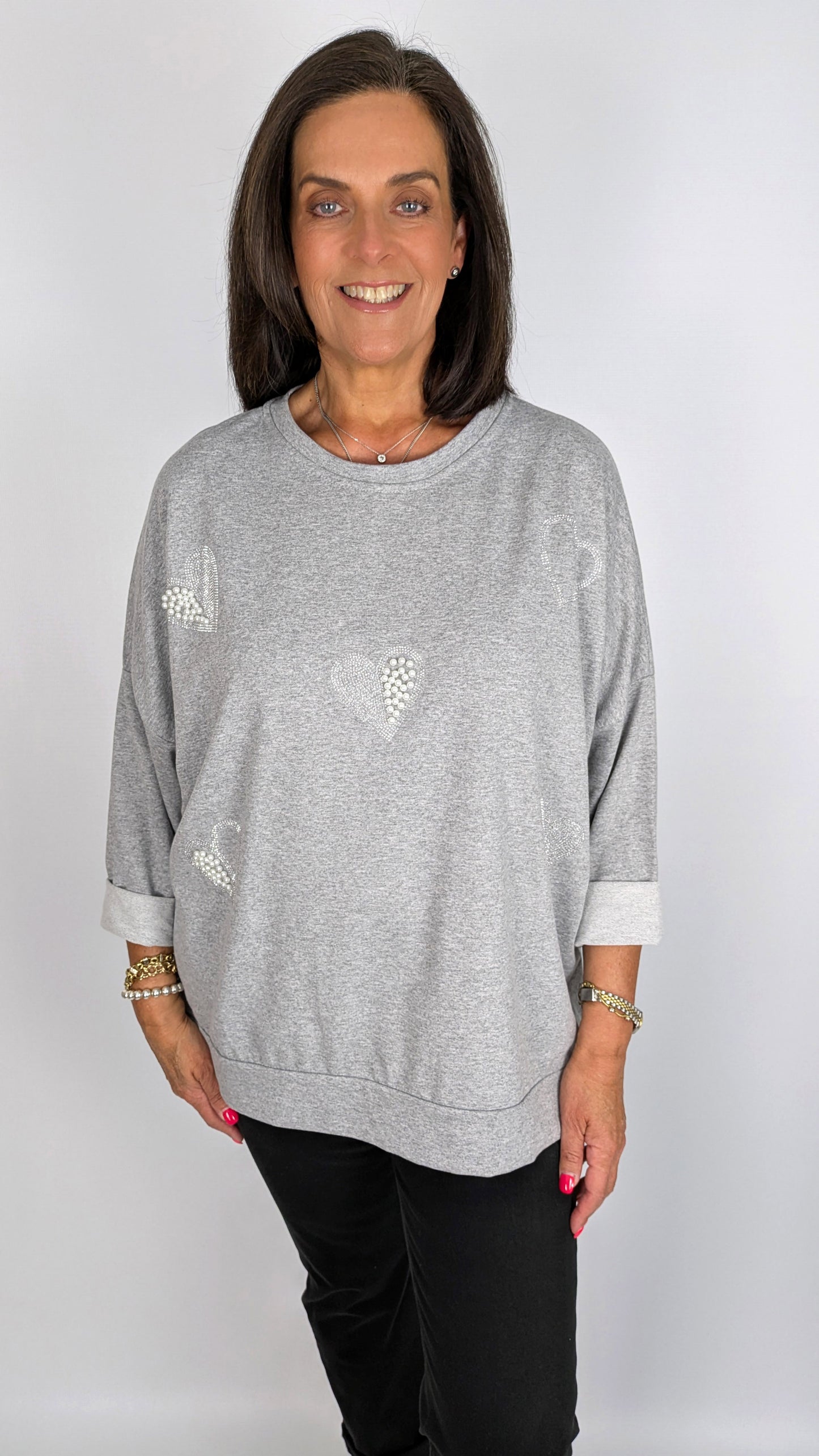 Pearl & diamante hearts LW sweatshirt | 4 Colours