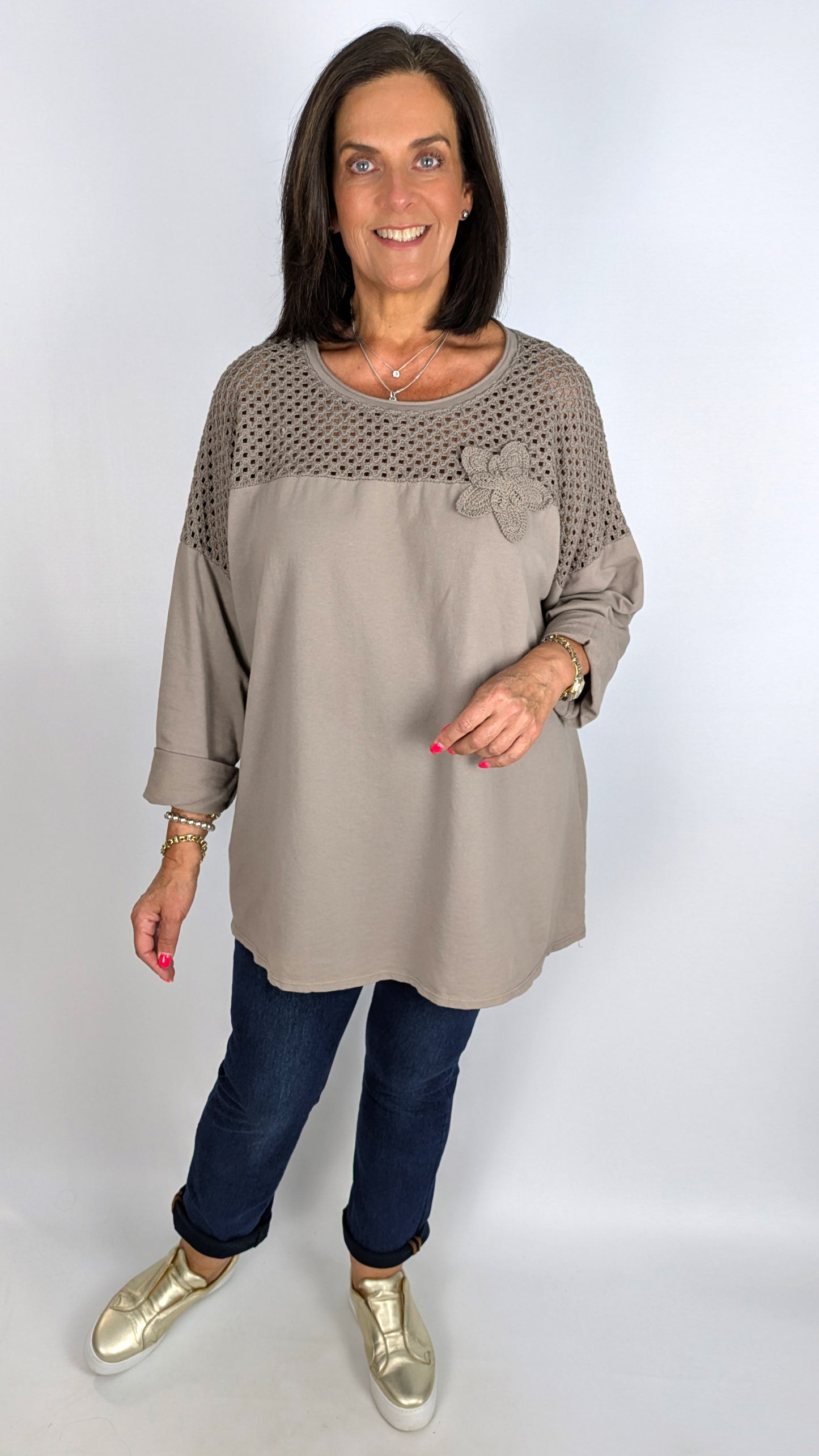 Oversized crochet & flower detail LS cotton top | 6 Colours