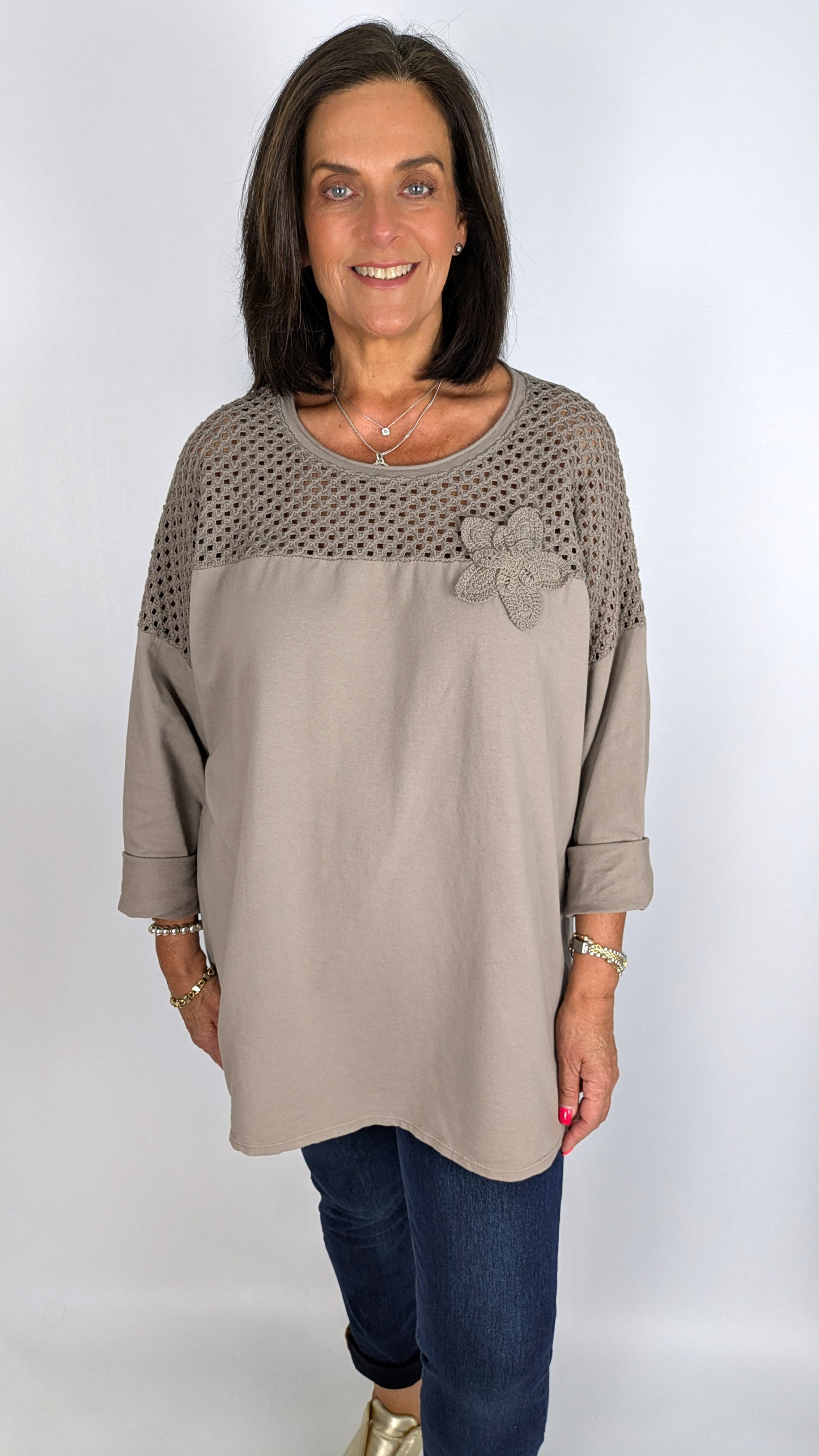 Oversized crochet & flower detail LS cotton top | 6 Colours