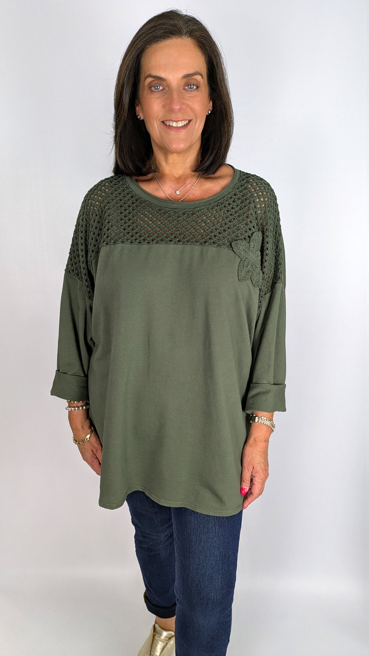 Oversized crochet & flower detail LS cotton top | 6 Colours