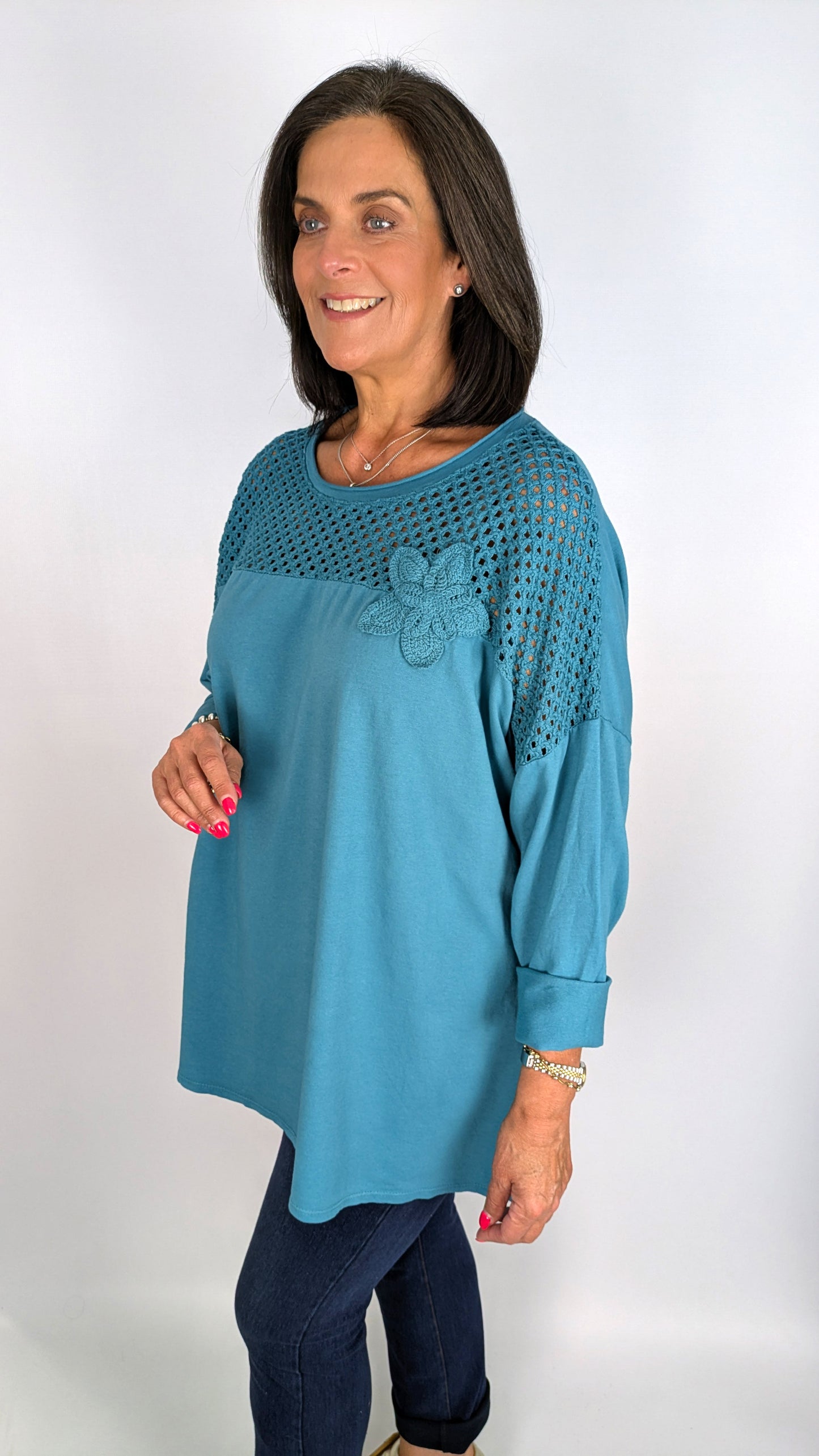 Oversized crochet & flower detail LS cotton top | 6 Colours