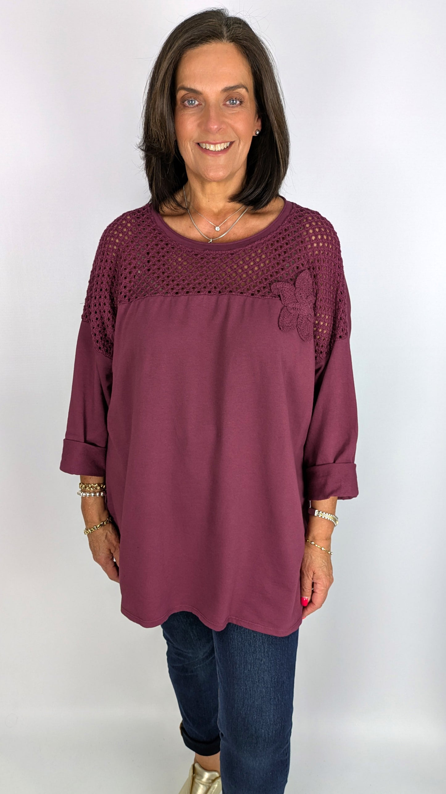 Oversized crochet & flower detail LS cotton top | 6 Colours