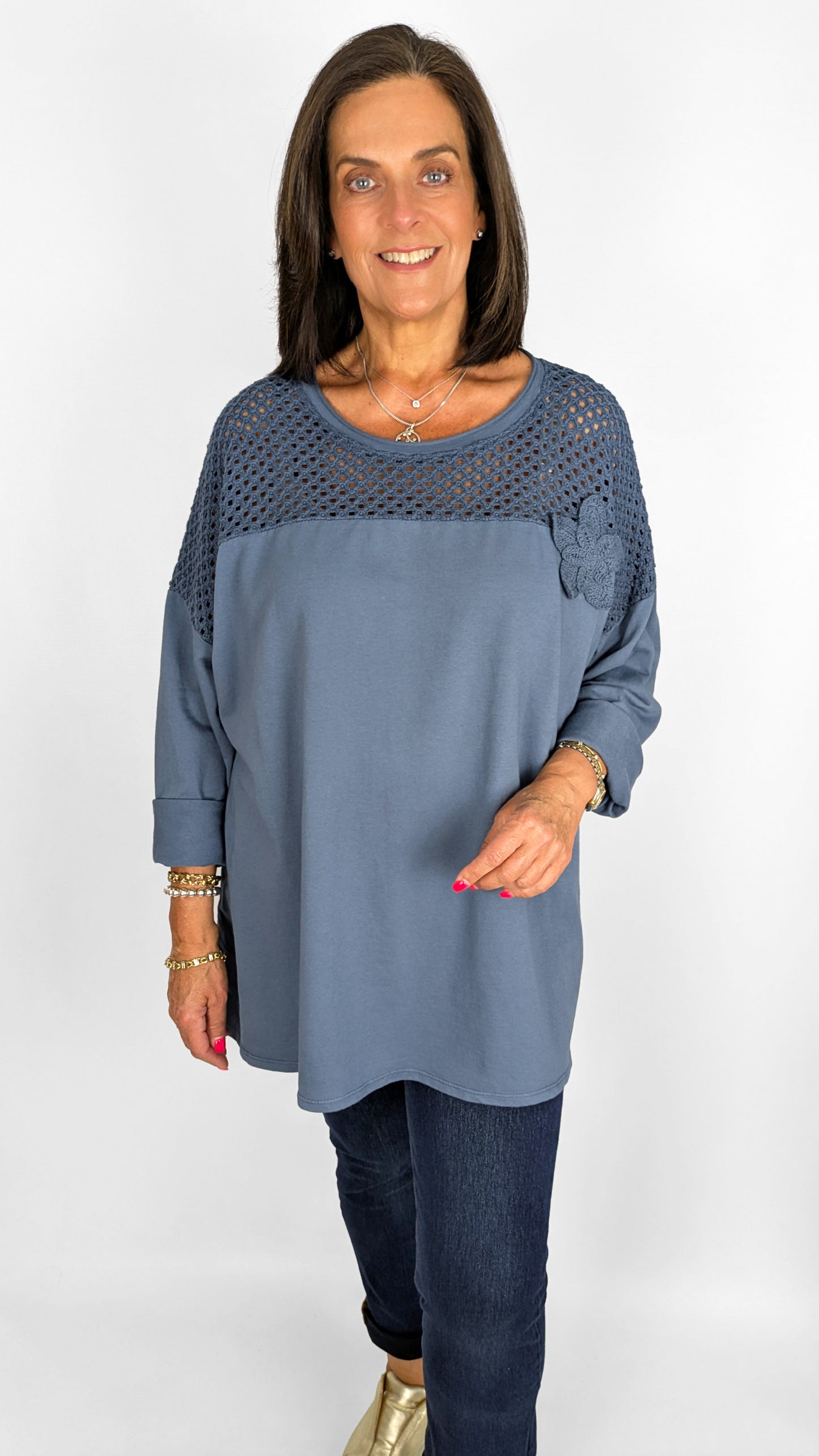 Oversized crochet & flower detail LS cotton top | 6 Colours