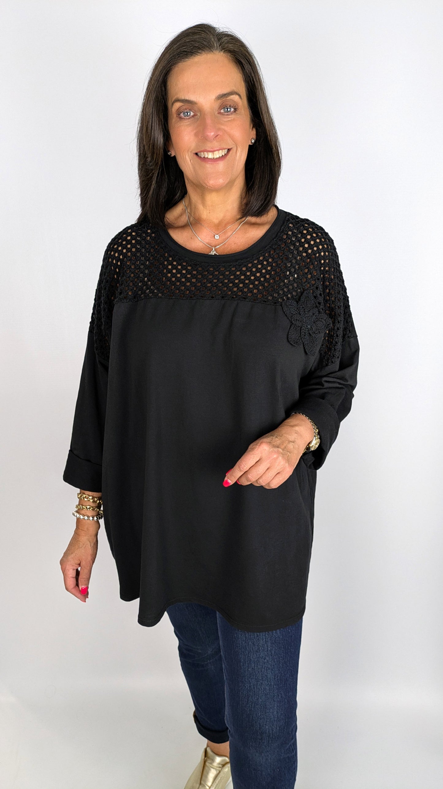 Oversized crochet & flower detail LS cotton top | 6 Colours