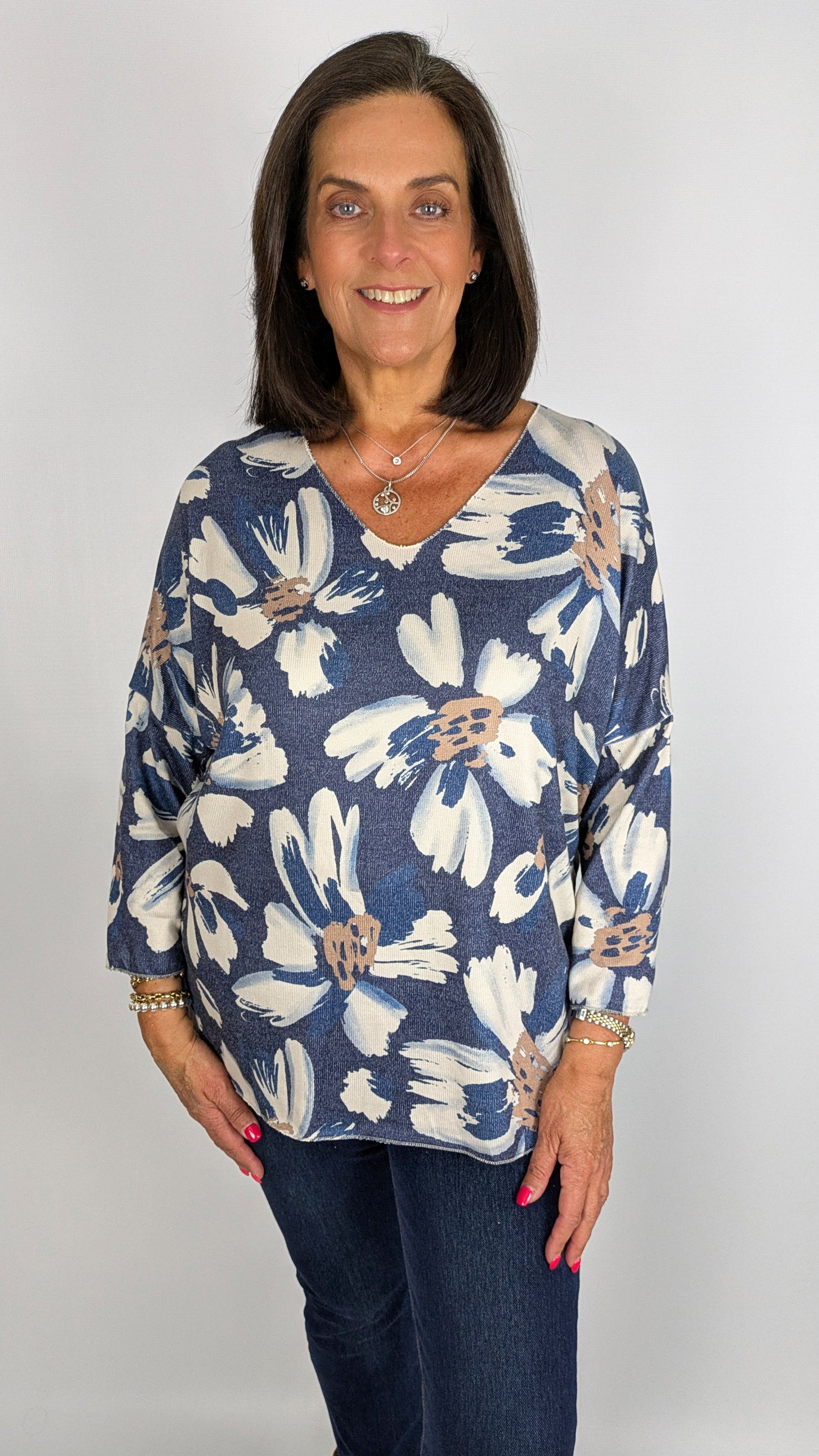 Soft-touch long sleeve v-neck flower print top | 3 Colours