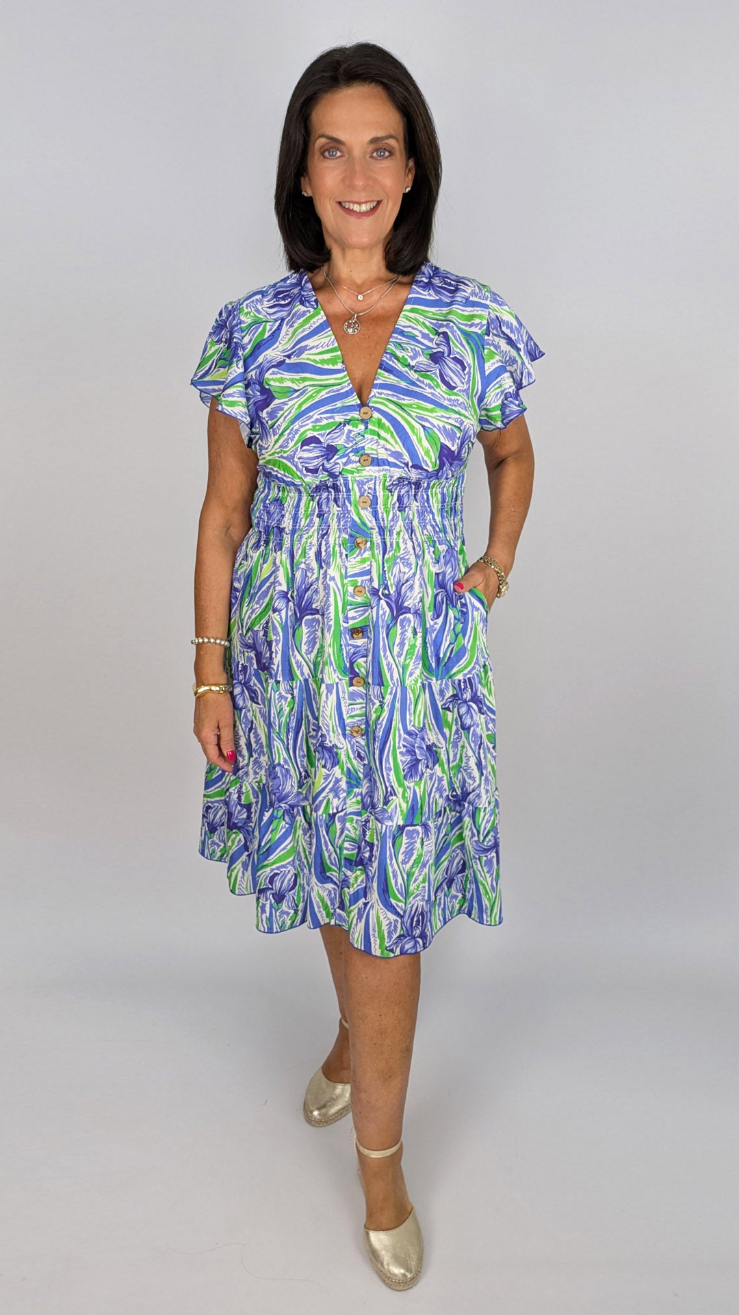 Abstract floral v-neck shirred midi dress | 2 Colours