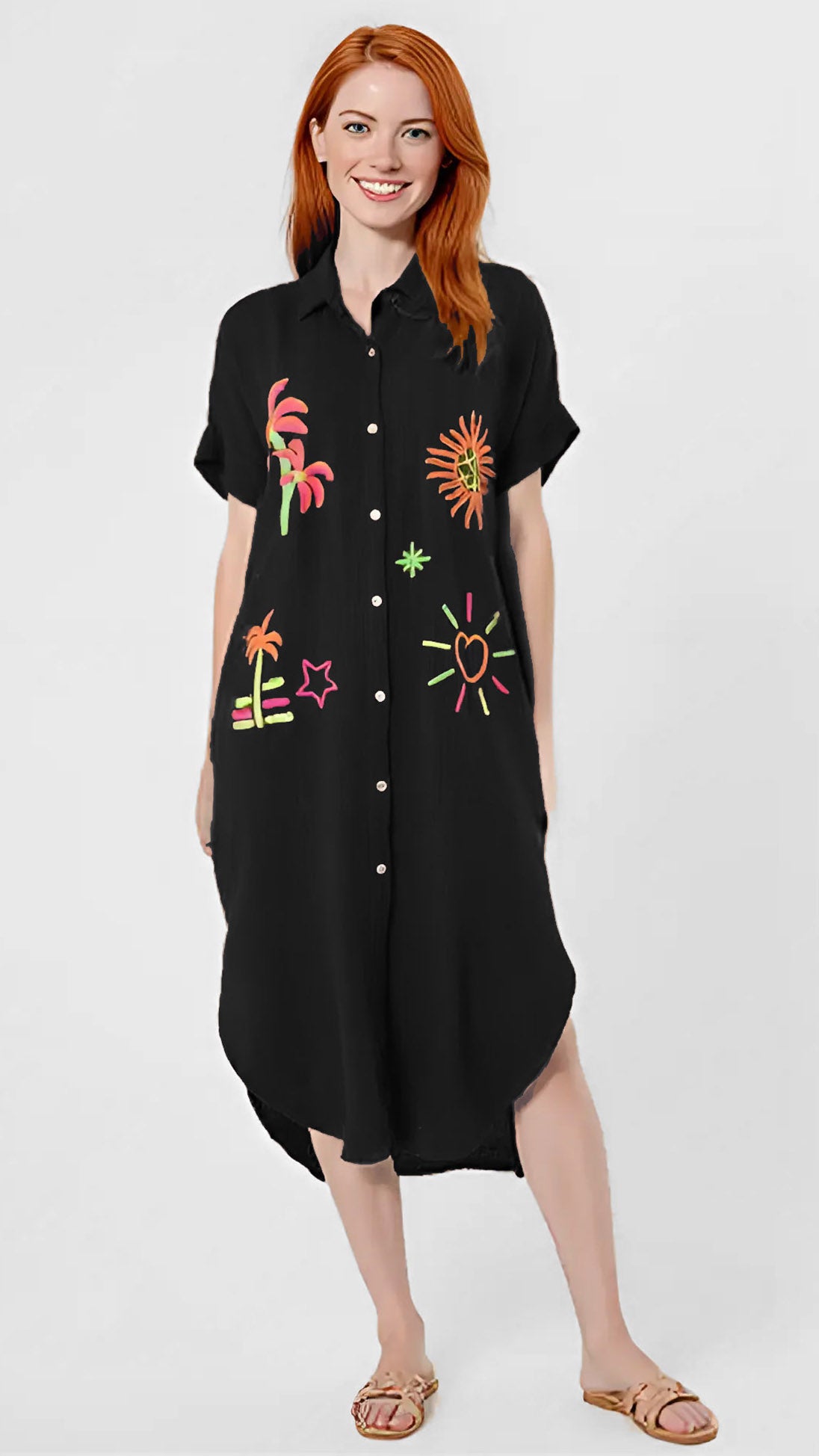 Neon embroidered buttonthrough collar dress | 5 Colours