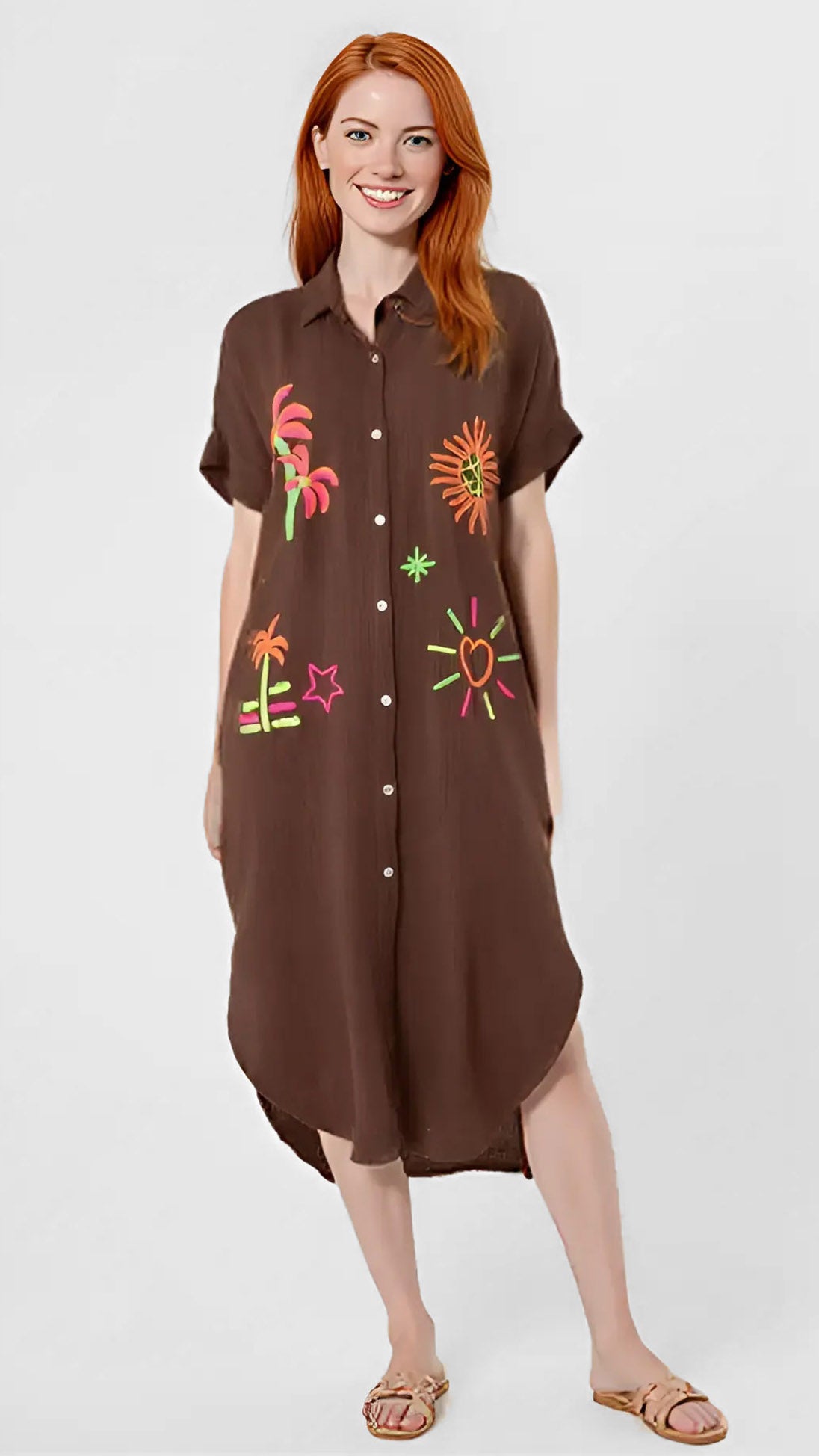 Neon embroidered buttonthrough collar dress | 5 Colours