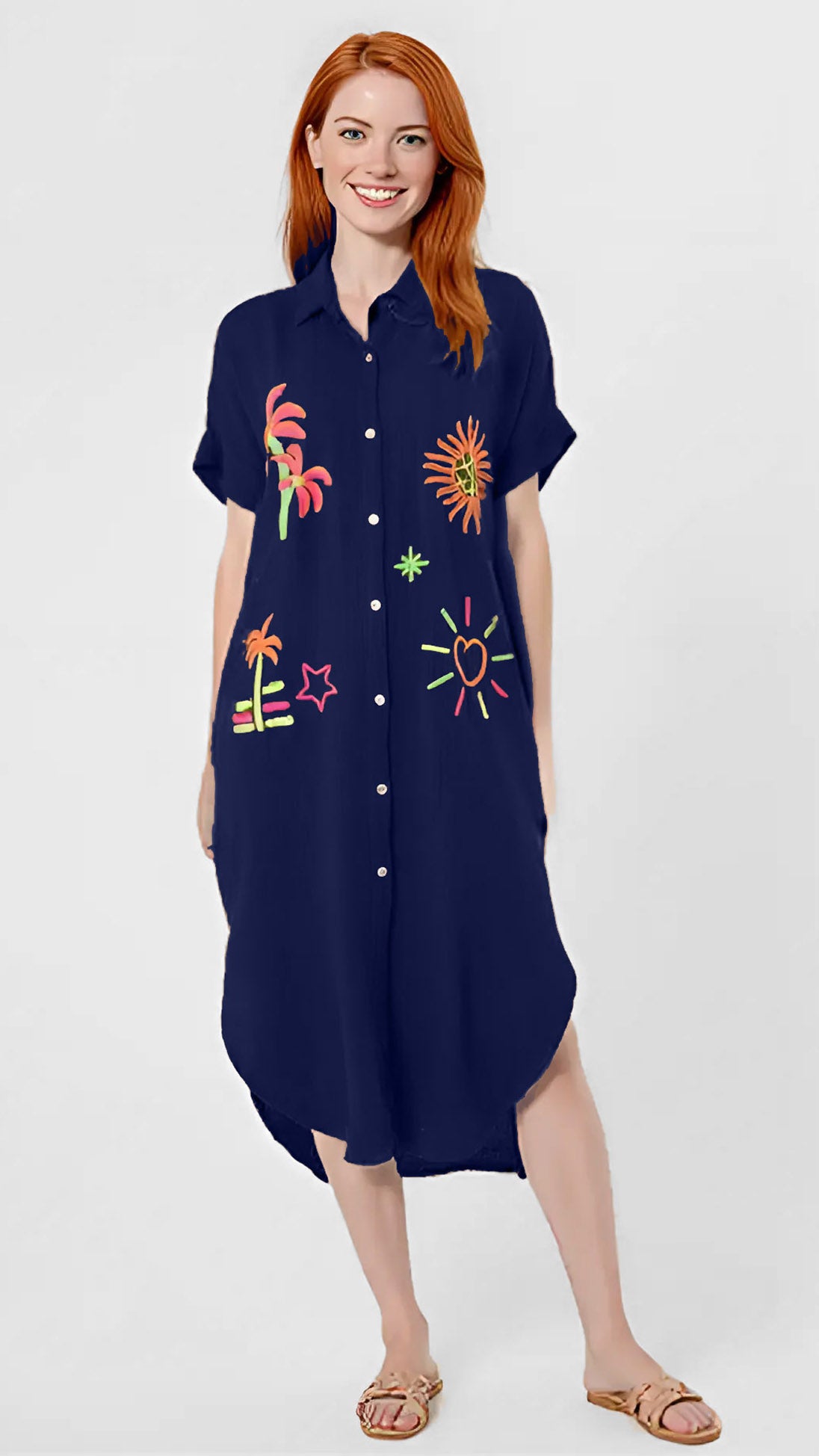 Neon embroidered buttonthrough collar dress | 5 Colours