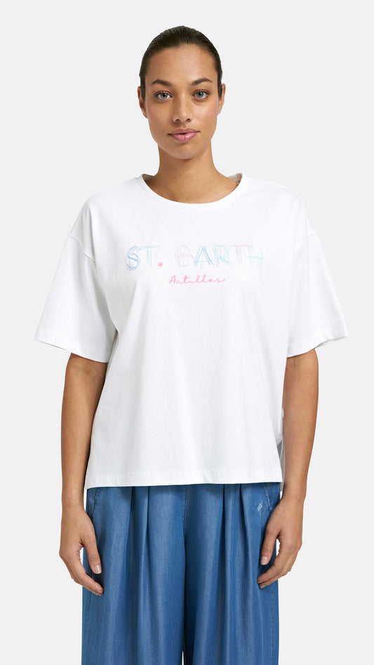 'St Barth' stitched cotton t-shirt| White | by Smith & Soul