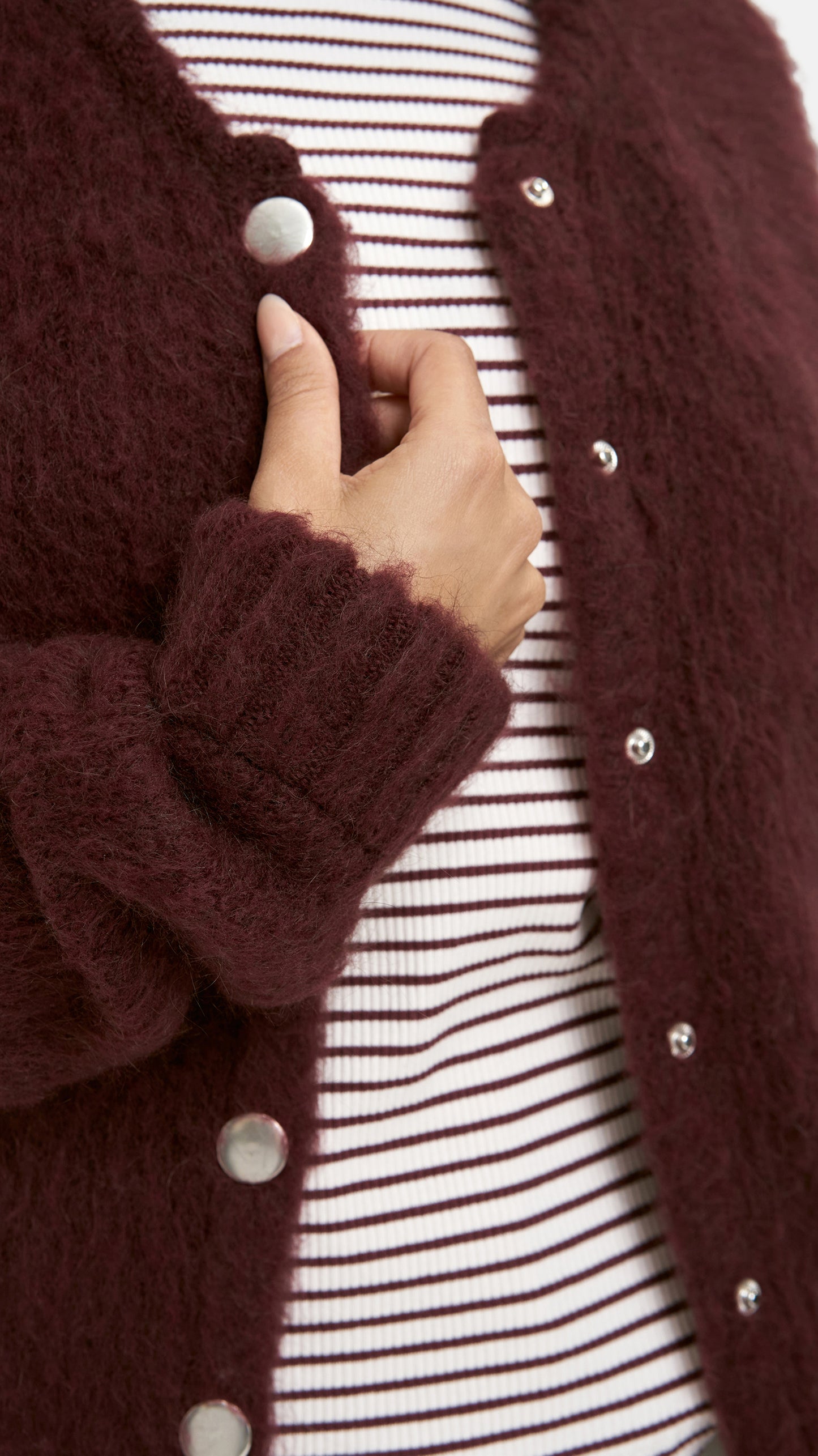 Hairy knit button-up cardigan | Bordeaux | by Smith & Soul