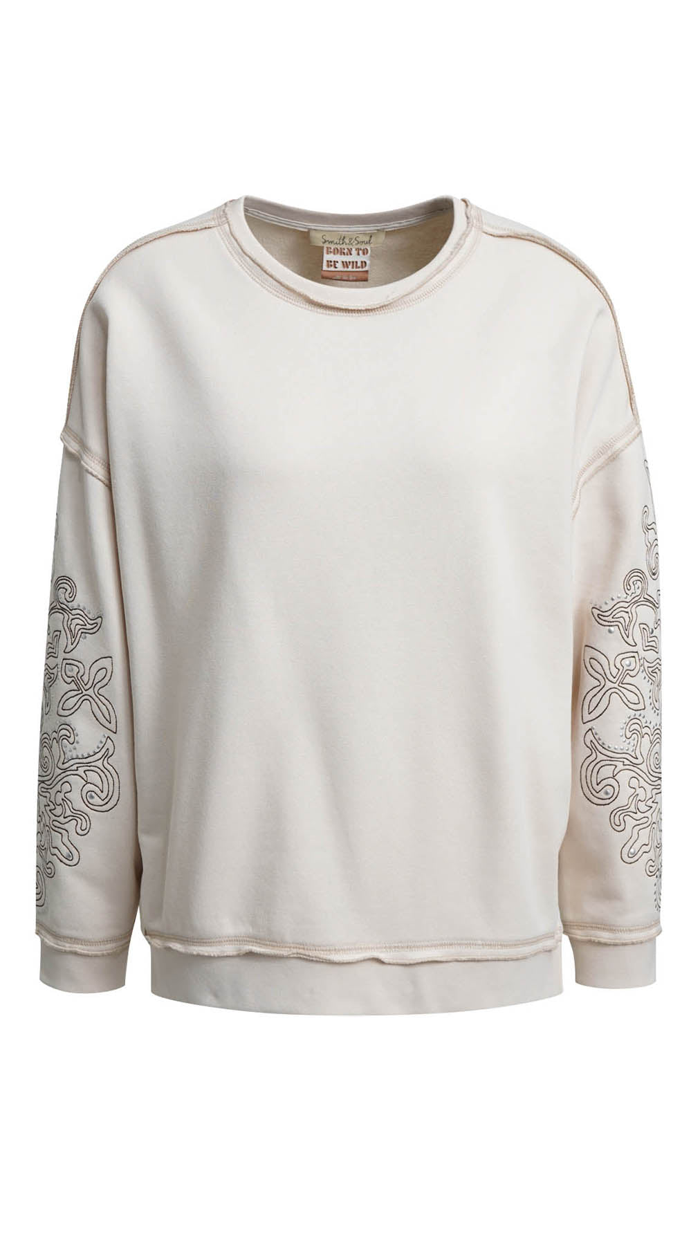 Embroidered sleeve exposed seam sweatshirt | Oat Milk | by Smith & Soul