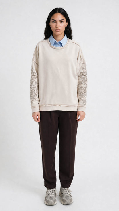 Embroidered sleeve exposed seam sweatshirt | Oat Milk | by Smith & Soul