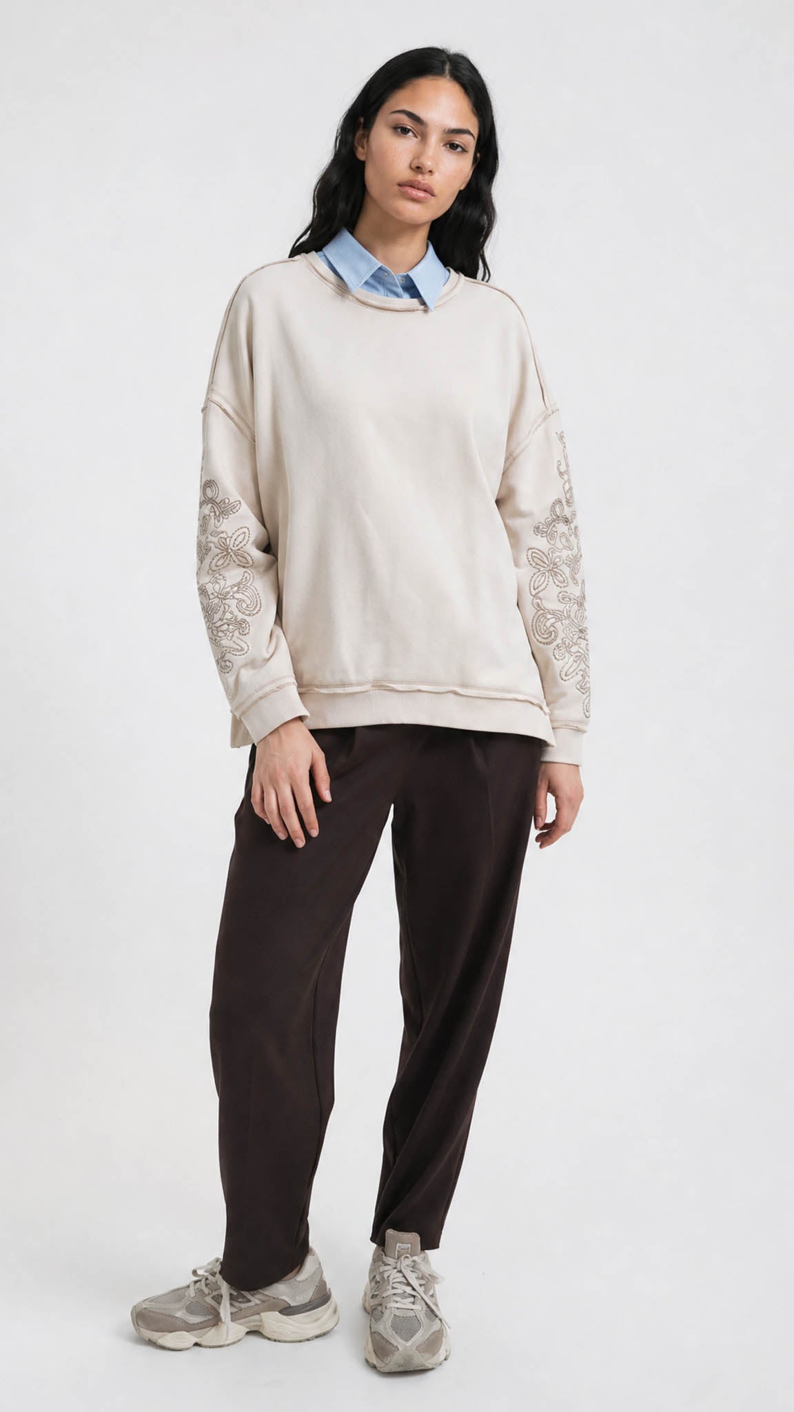 Embroidered sleeve exposed seam sweatshirt | Oat Milk | by Smith & Soul