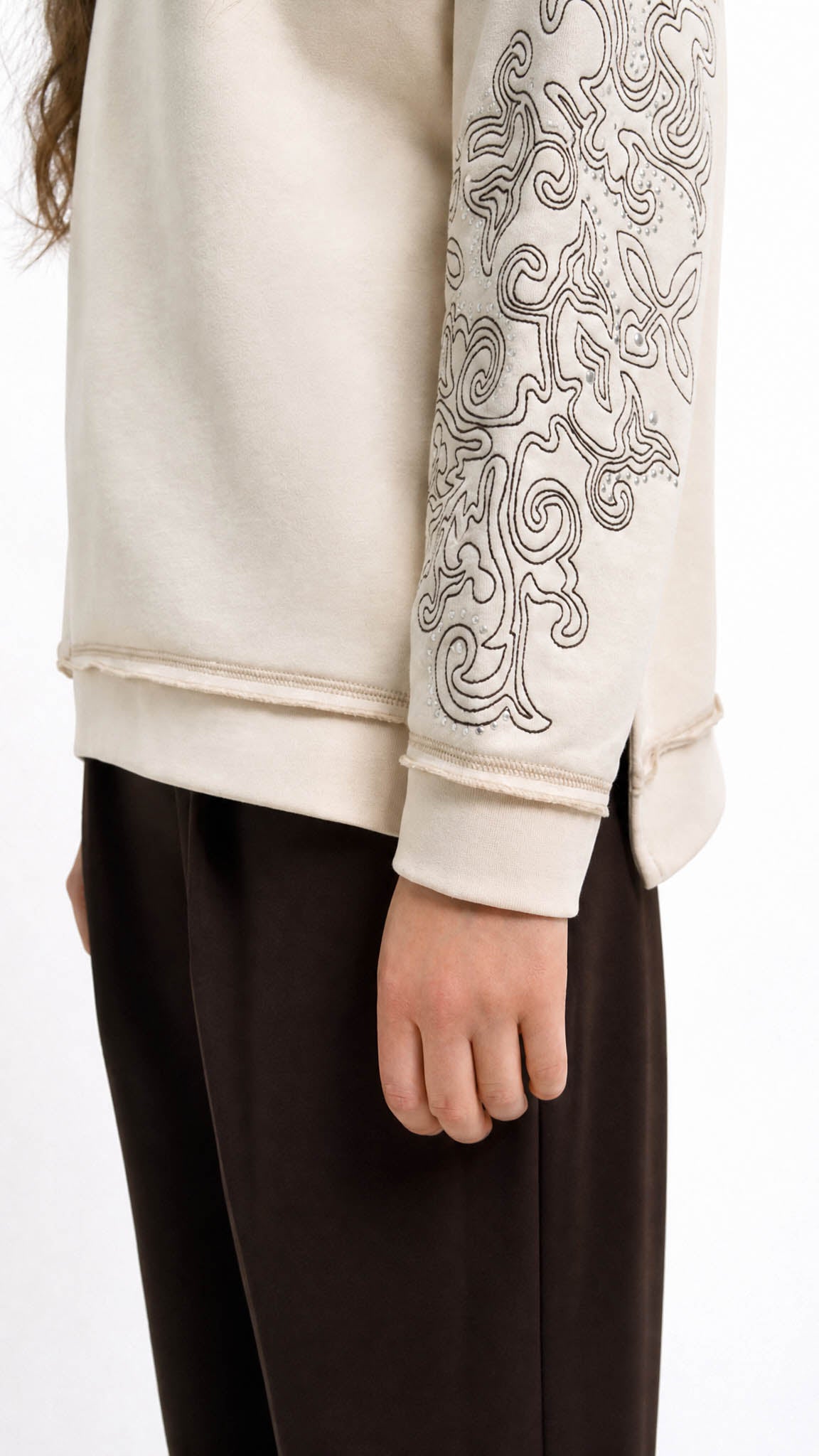 Embroidered sleeve exposed seam sweatshirt | Oat Milk | by Smith & Soul