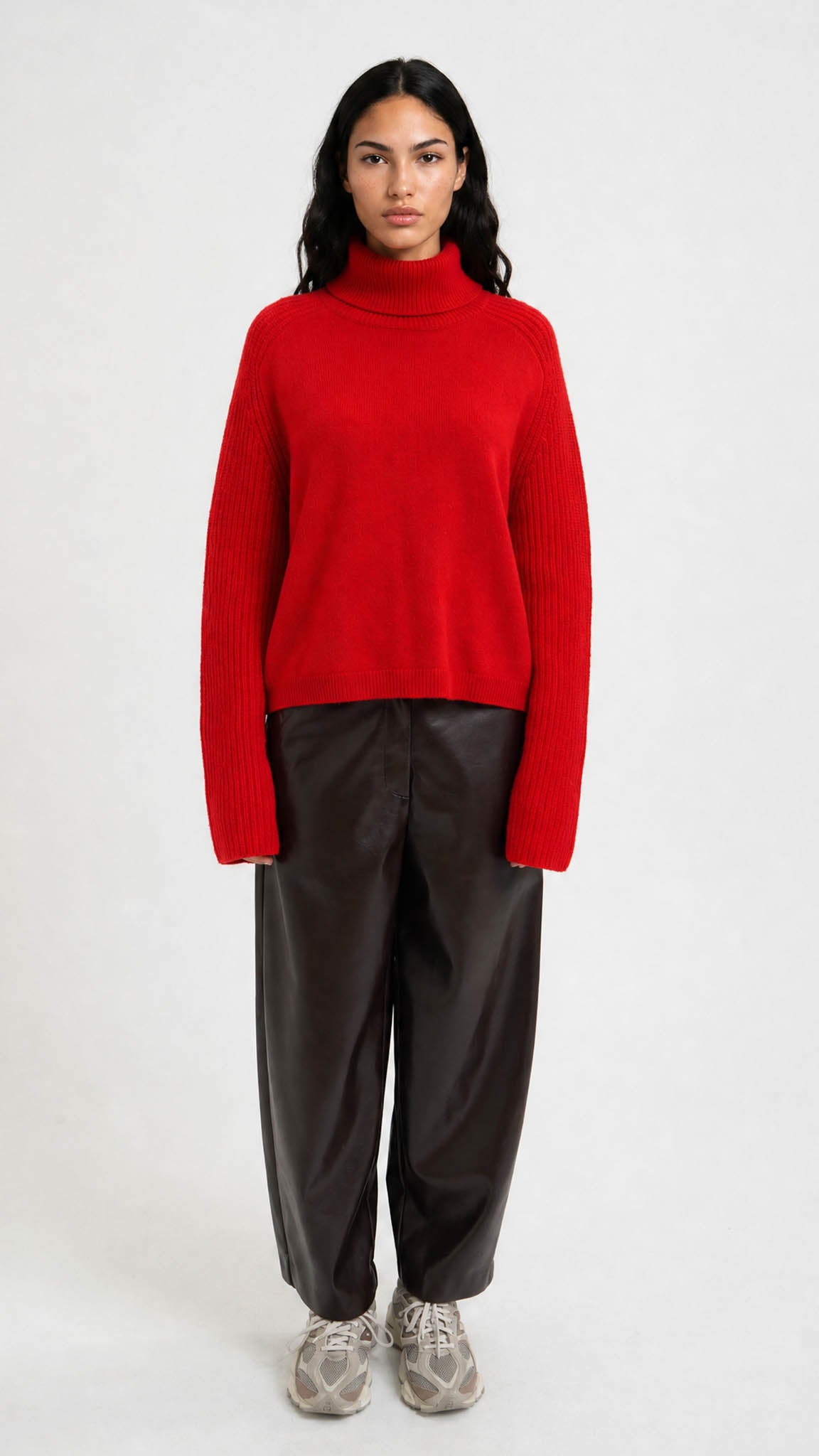 Ribbed sleeve luxe rollneck jumper | Red | by Smith & Soul