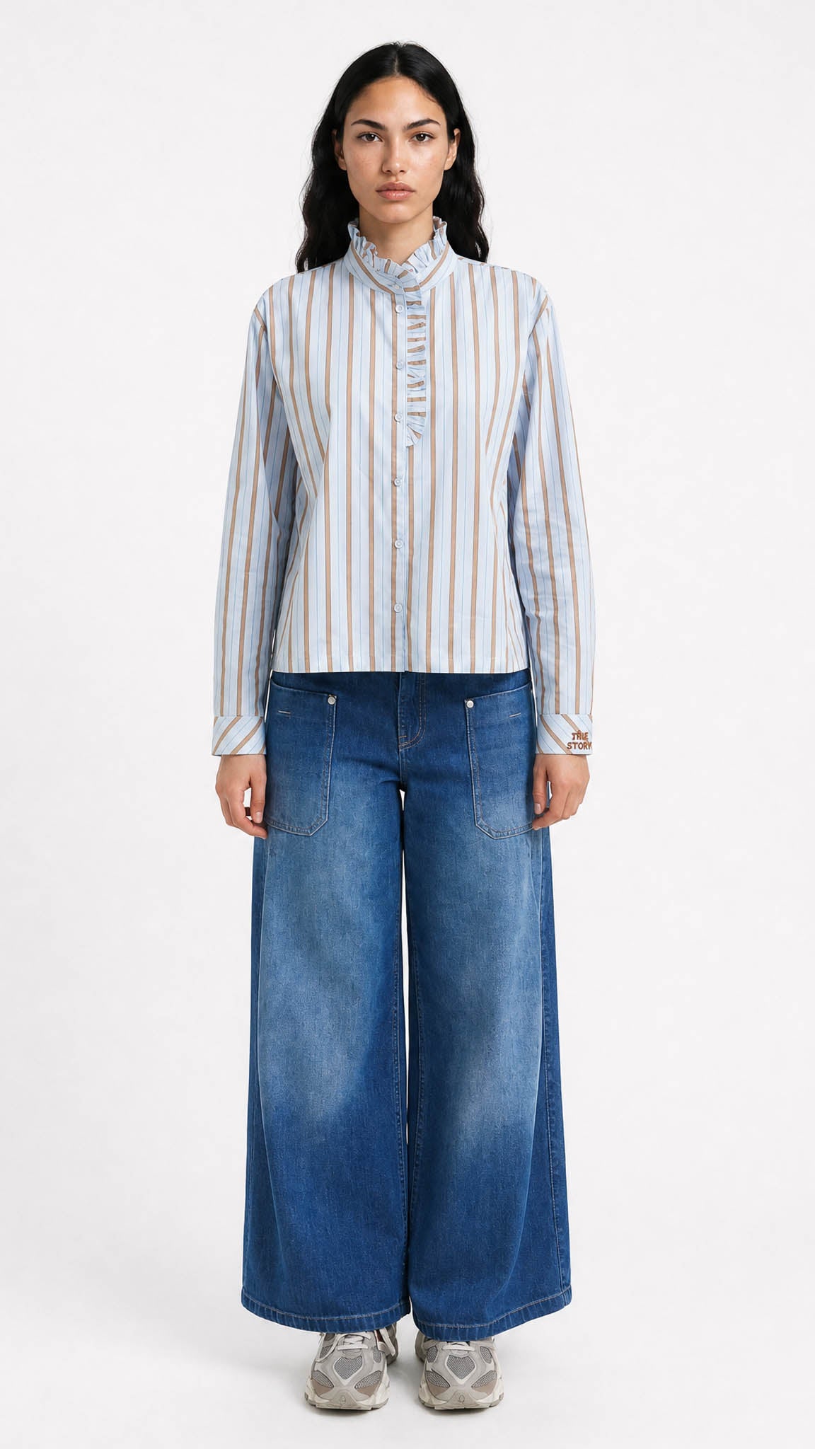 Striped ruffle shirt | Light Blue/Toffee | by Smith & Soul