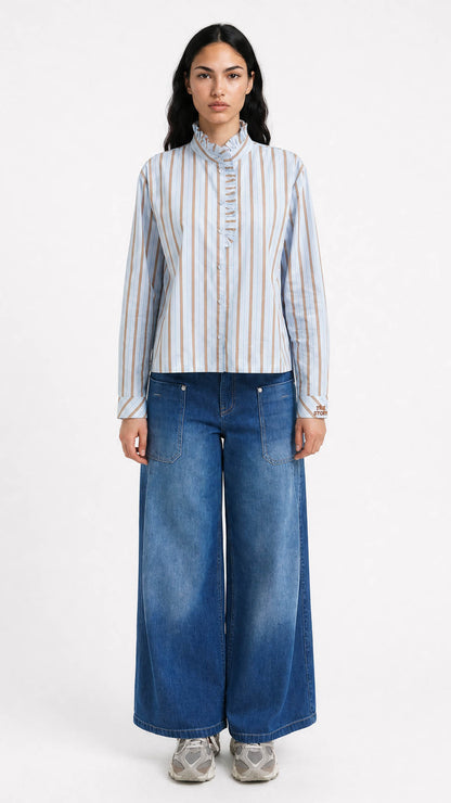 Striped ruffle shirt | Light Blue/Toffee | by Smith & Soul