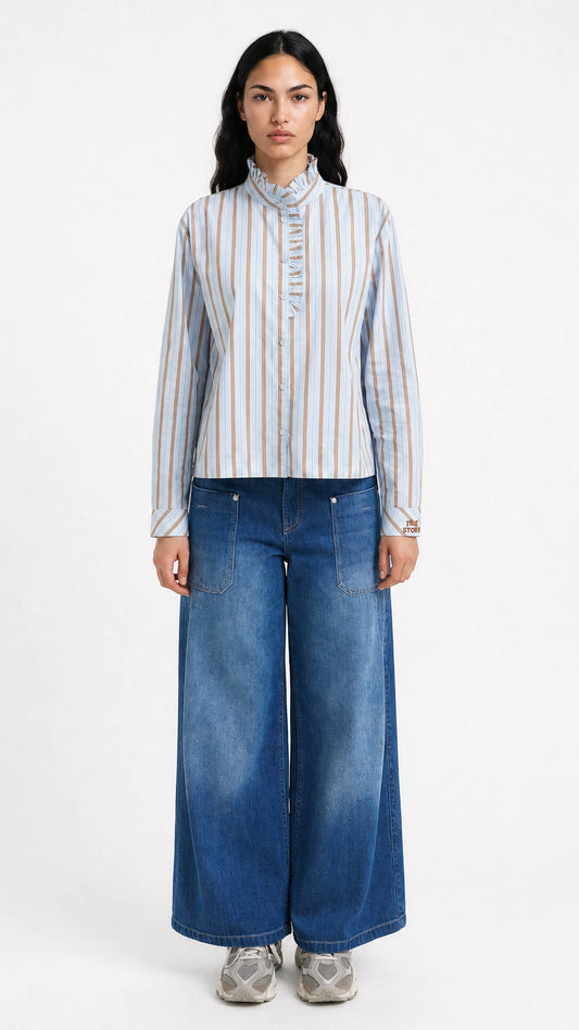 Striped ruffle shirt | Light Blue/Toffee | by Smith & Soul