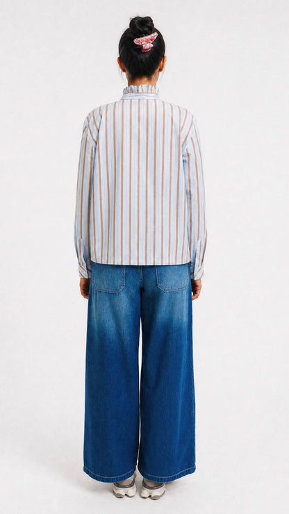 Striped ruffle shirt | Light Blue/Toffee | by Smith & Soul