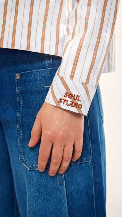 Striped ruffle shirt | Light Blue/Toffee | by Smith & Soul
