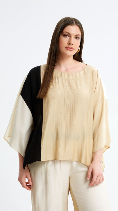 Block contrast wide sleeve top | Beige | by Mat