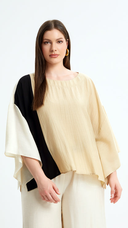 Block contrast wide sleeve top | Beige | by Mat