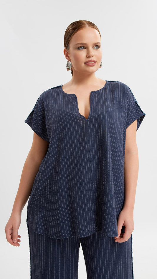 Silver thread & raw edge shoulder pinstripe v-neck top | Navy | by Mat