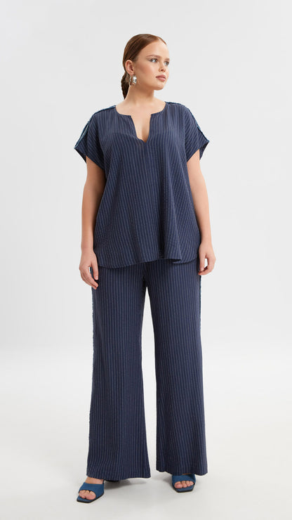 Silver thread & raw edge shoulder pinstripe v-neck top | Navy | by Mat