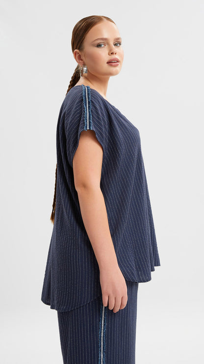 Silver thread & raw edge shoulder pinstripe v-neck top | Navy | by Mat