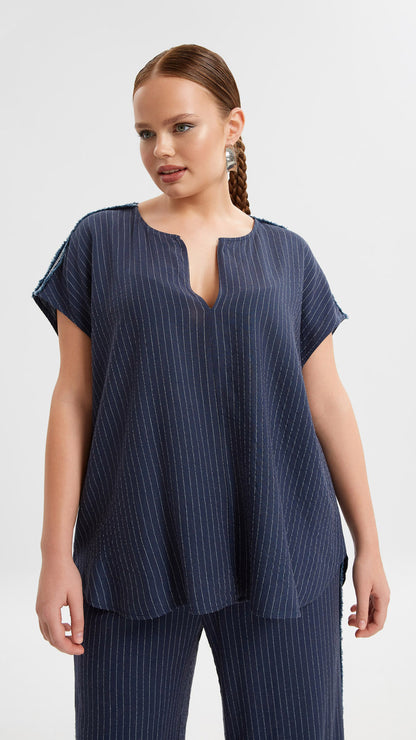 Silver thread & raw edge shoulder pinstripe v-neck top | Navy | by Mat