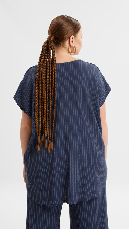 Silver thread & raw edge shoulder pinstripe v-neck top | Navy | by Mat