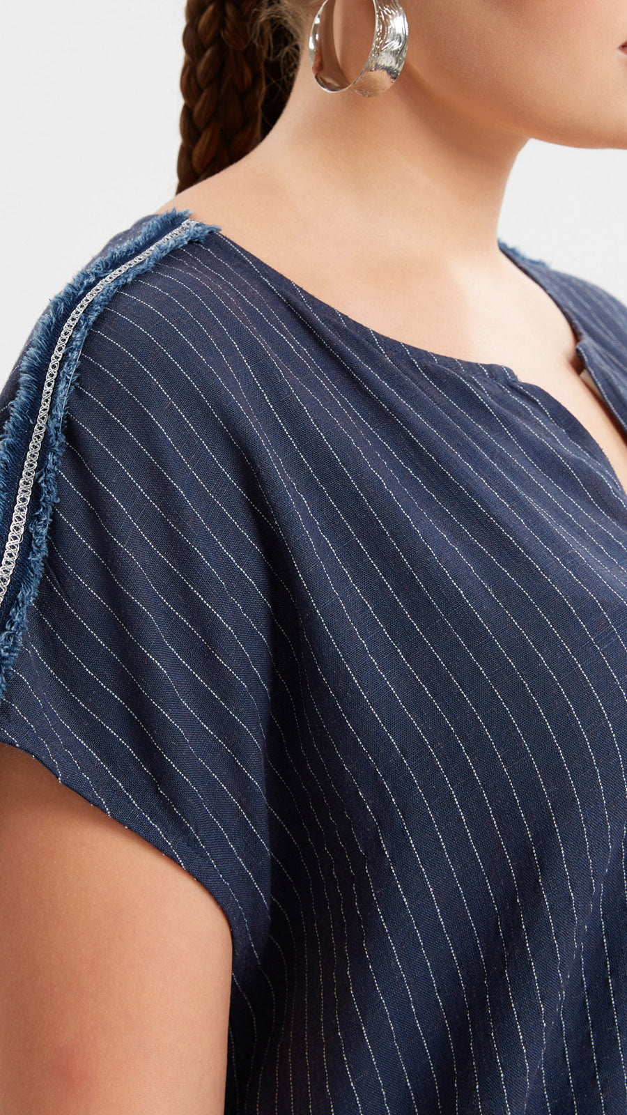 Silver thread & raw edge shoulder pinstripe v-neck top | Navy | by Mat