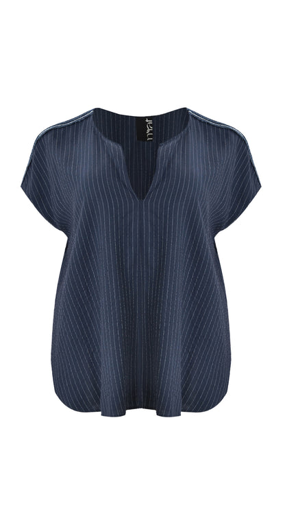 Silver thread & raw edge shoulder pinstripe v-neck top | Navy | by Mat