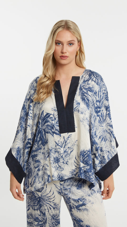 Print v-neck top | Blue | by Mat