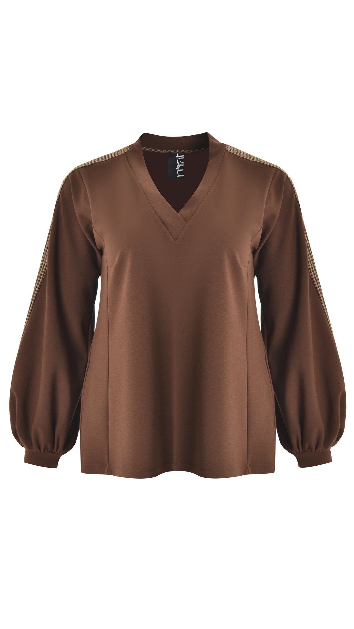 Check trimmed v-neck top | Brown | by Mat