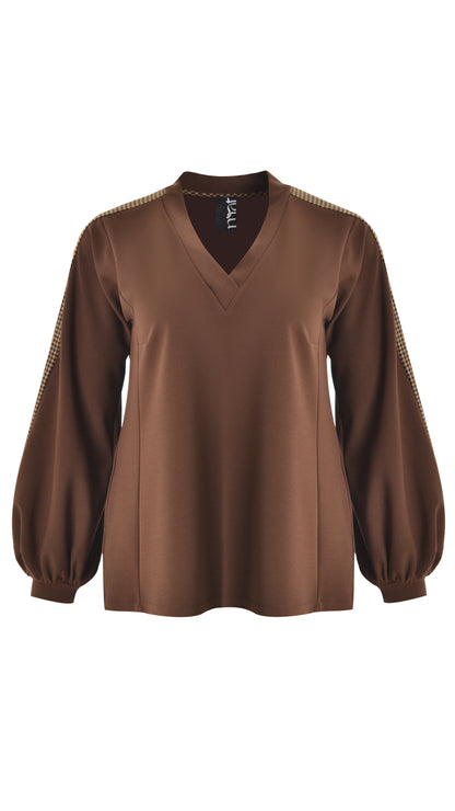 Check trimmed v-neck top | Brown | by Mat