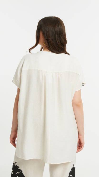 Botanical print keyhole v-neck top | Natural | by Mat