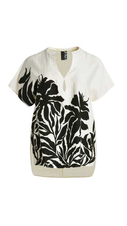 Botanical print keyhole v-neck top | Natural | by Mat