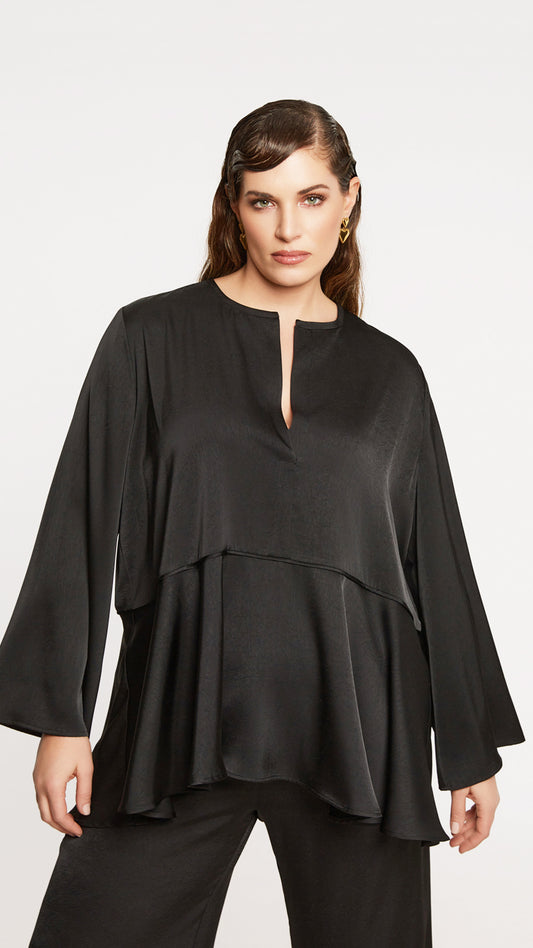 Textured satin button detail bell sleeve blouse | Black | by Mat
