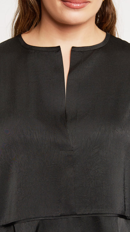 Textured satin button detail bell sleeve blouse by Mat | Black