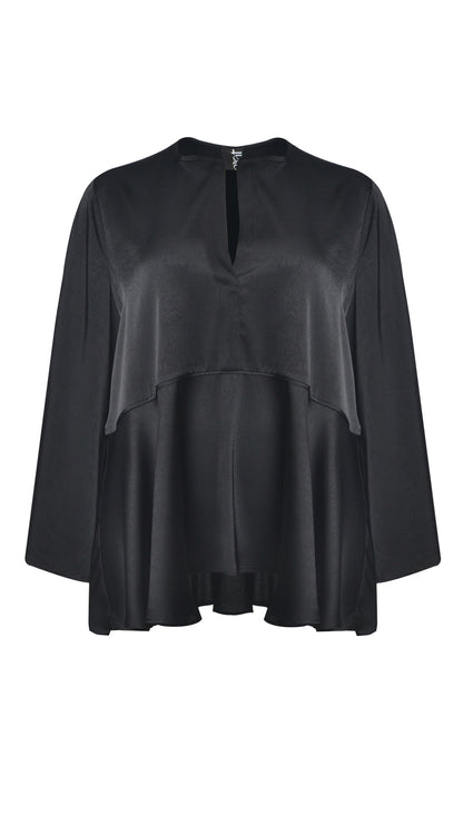 Textured satin button detail bell sleeve blouse by Mat | Black