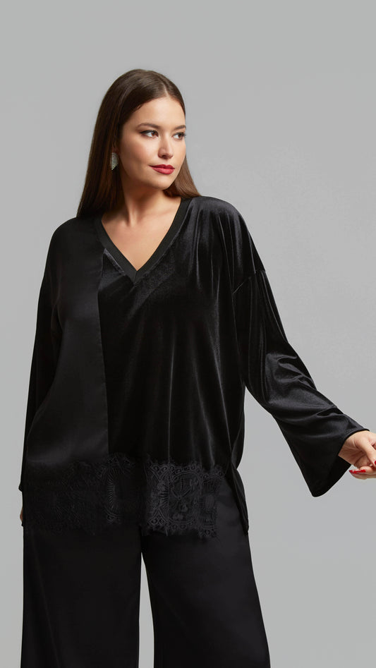 Satin & velvet lace trimmed v-neck top | Black | by Mat