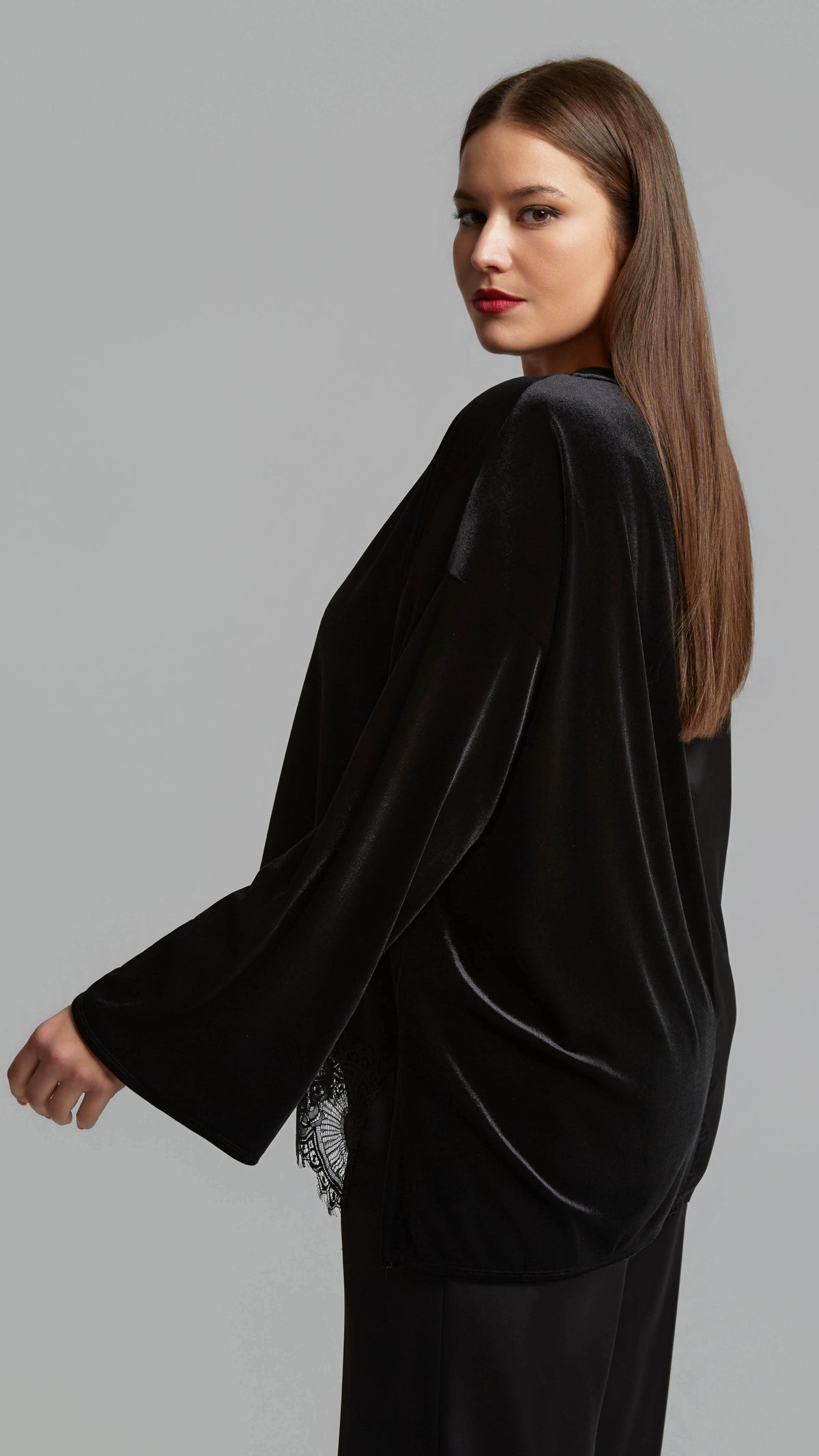 Satin & velvet lace trimmed v-neck top | Black | by Mat