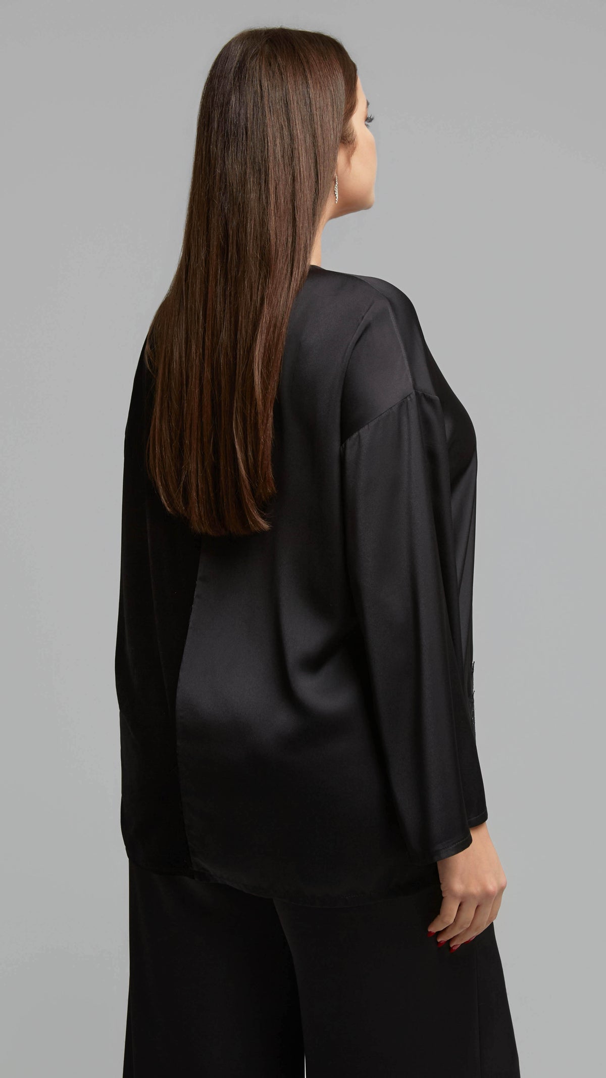 Satin & velvet lace trimmed v-neck top | Black | by Mat