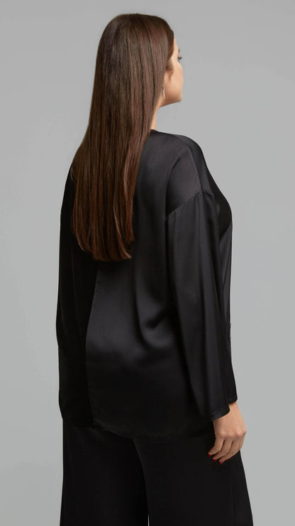 Satin & velvet lace trimmed v-neck top | Black | by Mat
