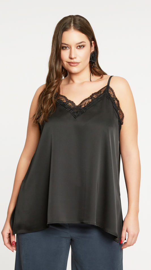 Lace trimmed v-neck satin cami by Mat | Black