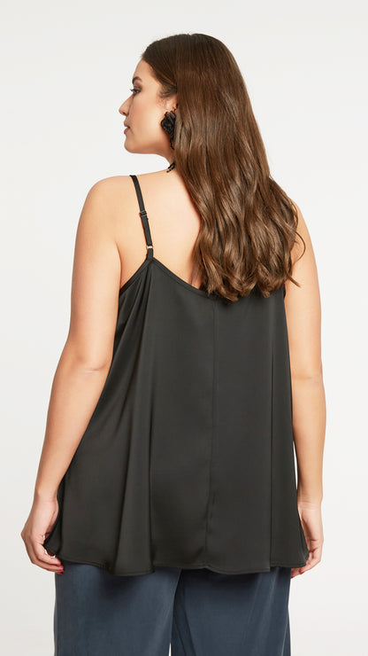 Lace trimmed v-neck satin cami by Mat | Black