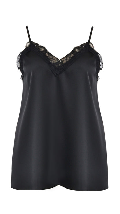 Lace trimmed v-neck satin cami by Mat | Black