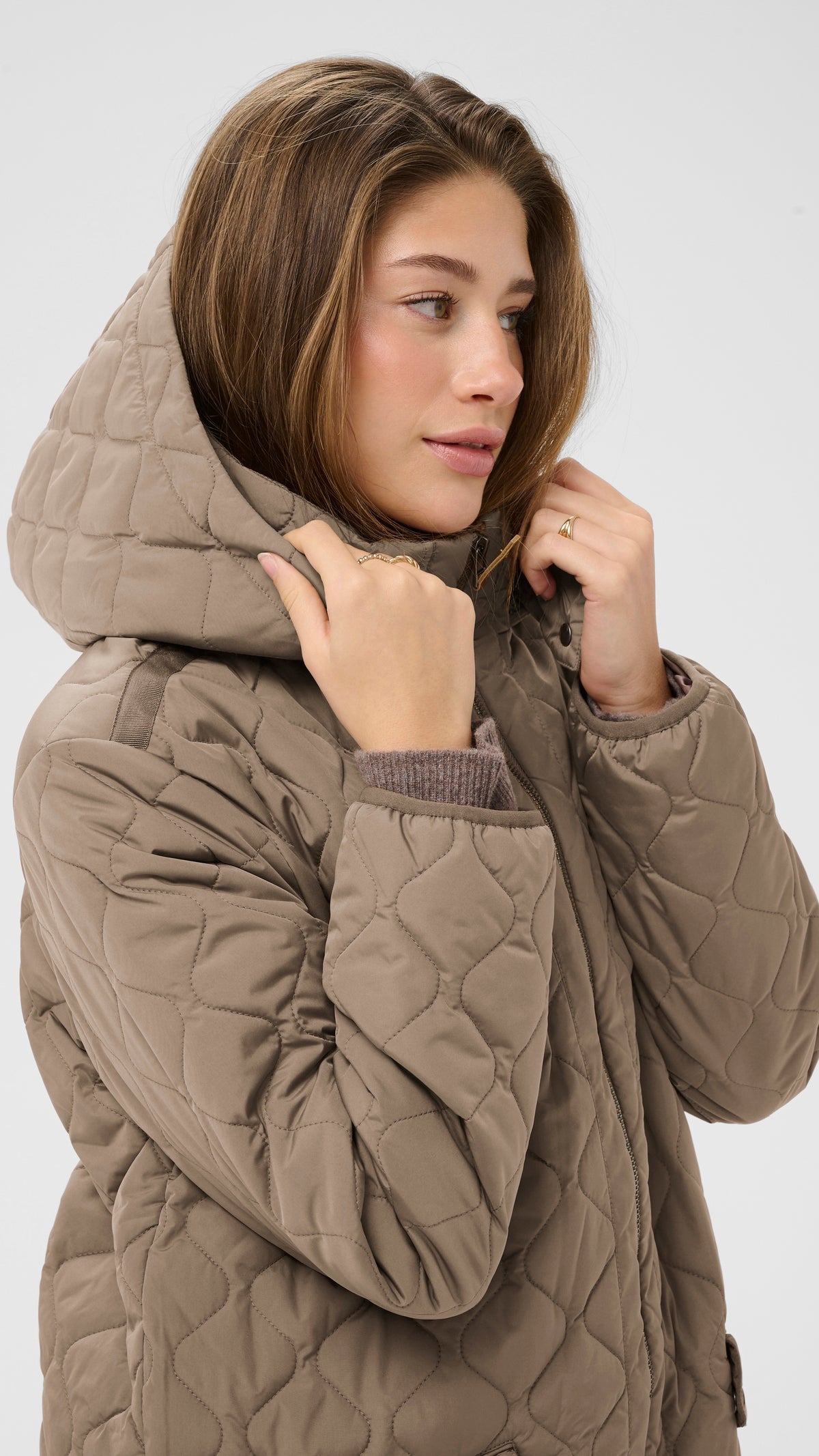 Hooded quilted midi coat | Taupe | by Cream